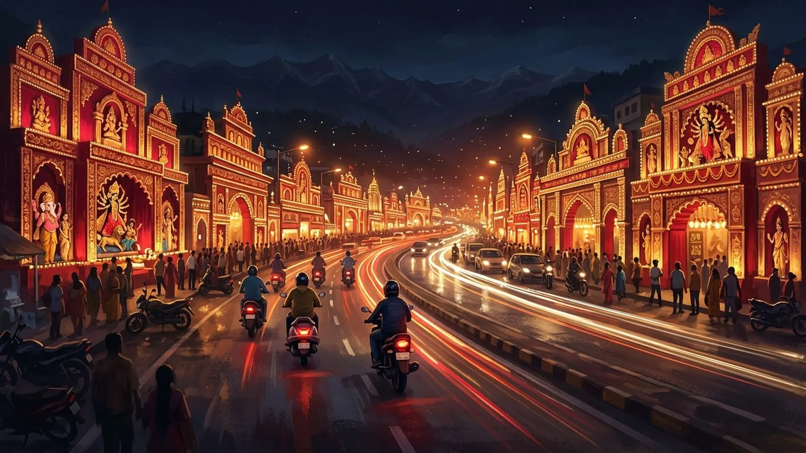 Illustration of scooters on a festive road – Durga Puja pandal map 2026 by bike and car