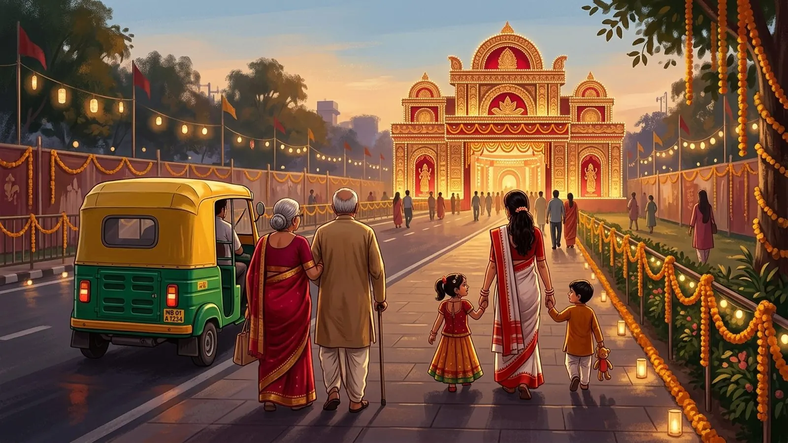 Illustration of a family arriving at a pandal by auto – family-friendly Durga Puja pandal map 2026